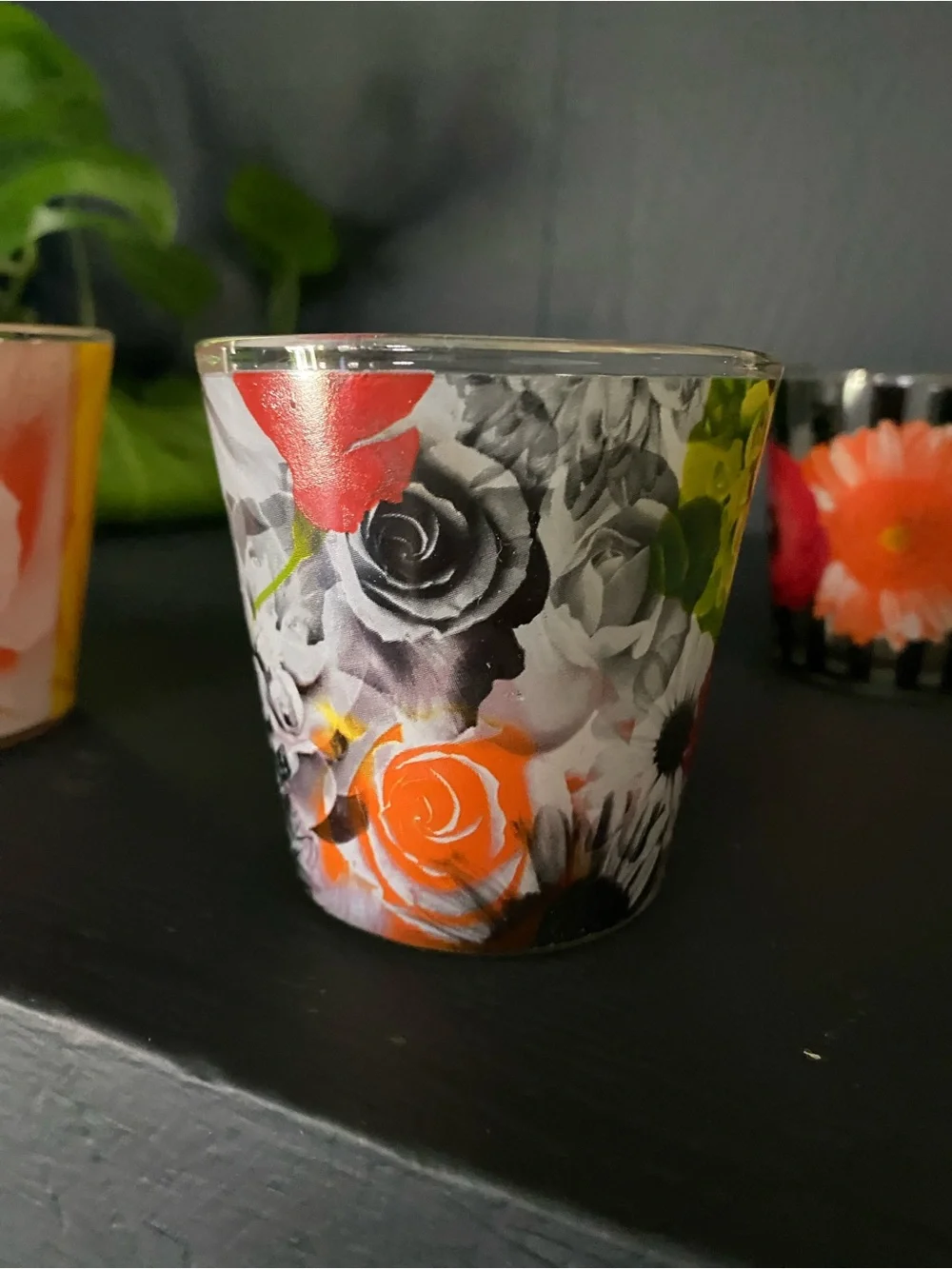 Floral Glass Votive Candle Holder - Red Floral Design